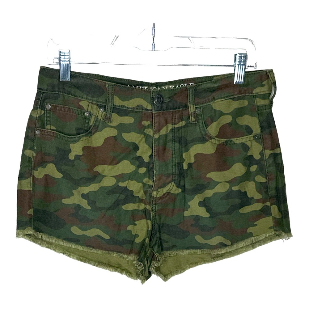 AEO Vintage Hi-Rise Festival Camo Green Button Fly Shorts Size 8